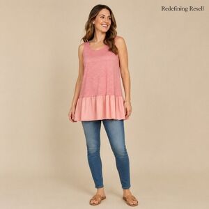Umgee USA Womens Pink Heathered Racerback Tunic Ruffle Hem Top Large R7423